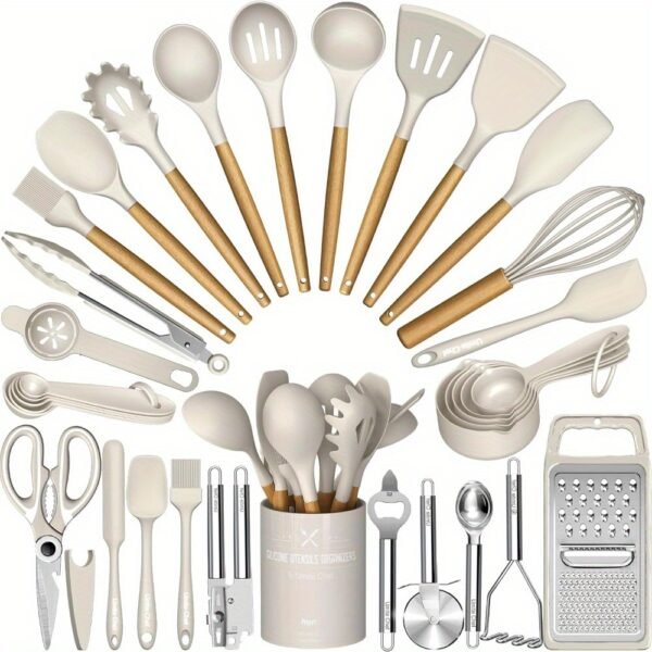 Chef Silicone Kitchen Utensil Set, 34PCS Heat Resistant Kitchen Gadgets and Tools With Grater, Wood Handles for Nonstick Cookware - Image 3