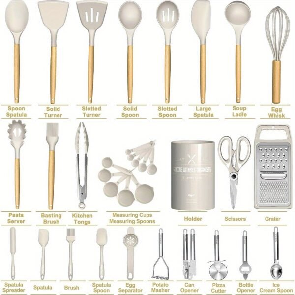 Chef Silicone Kitchen Utensil Set, 34PCS Heat Resistant Kitchen Gadgets and Tools With Grater, Wood Handles for Nonstick Cookware - Image 2