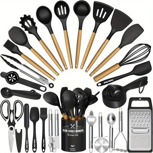 Chef Silicone Kitchen Utensil Set, 34PCS Heat Resistant Kitchen Gadgets and Tools With Grater, Wood Handles for Nonstick Cookware - Image 5
