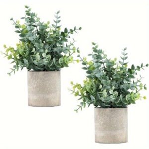 2Pcs Artificial Eucalyptus Potted Plants Small Fake Plants in Pots Faux Eucalyptus Potted Plant Set for Home Shelf Decoration Office Table Desktop Decoration