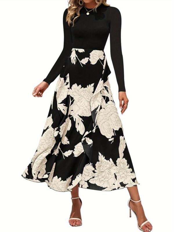 Women Dress, Long Dress, Elegant Dress, Flower Print Maxi Dress, Crewneck Long Sleeve Dresses - Image 6