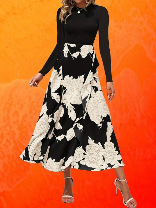 Women Dress, Long Dress, Elegant Dress, Flower Print Maxi Dress, Crewneck Long Sleeve Dresses - Image 2
