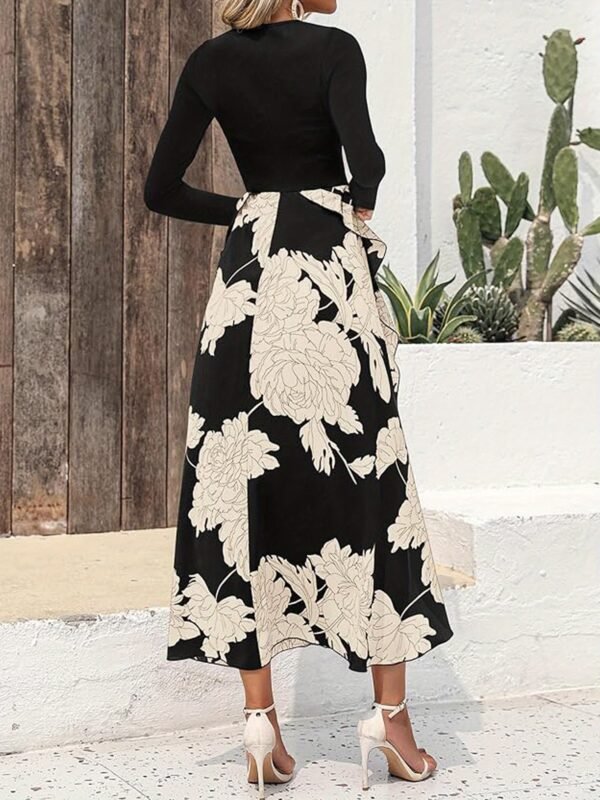 Women Dress, Long Dress, Elegant Dress, Flower Print Maxi Dress, Crewneck Long Sleeve Dresses - Image 3