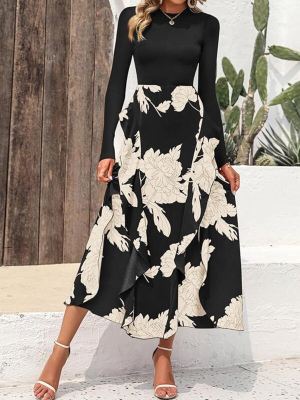 Women Dress, Long Dress, Elegant Dress, Flower Print Maxi Dress, Crewneck Long Sleeve Dresses - Image 5
