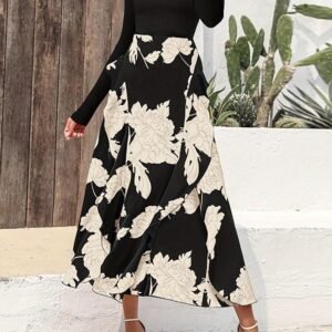 Women Dress, Long Dress, Elegant Dress, Flower Print Maxi Dress, Crewneck Long Sleeve Dresses