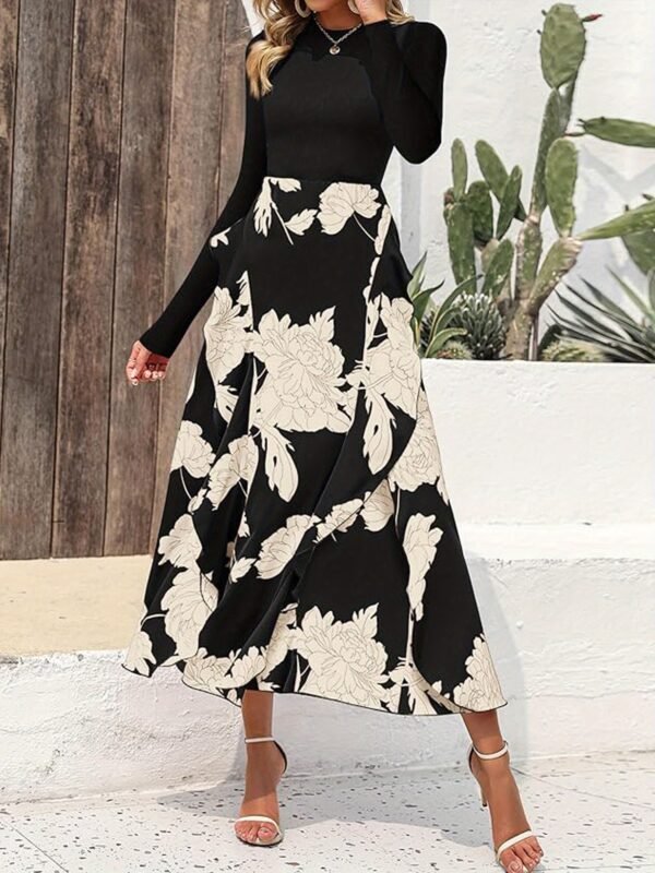 Women Dress, Long Dress, Elegant Dress, Flower Print Maxi Dress, Crewneck Long Sleeve Dresses