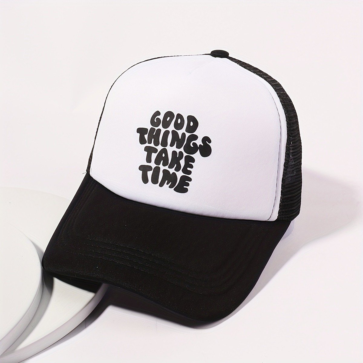 Printed Mesh Trucker Hat Good Things Take Time Color Block Baseball Cap Unisex Simple Breathable Dad Hats For Women Men - Image 8