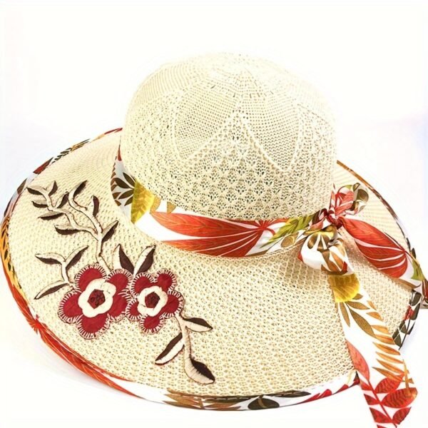 1pc Satin Print Streamer Decorative Sun Hat Personalized Flower Embroidered Wide Brim Hat Summer Stylish Sunshade Beach Hats For Women - Image 4