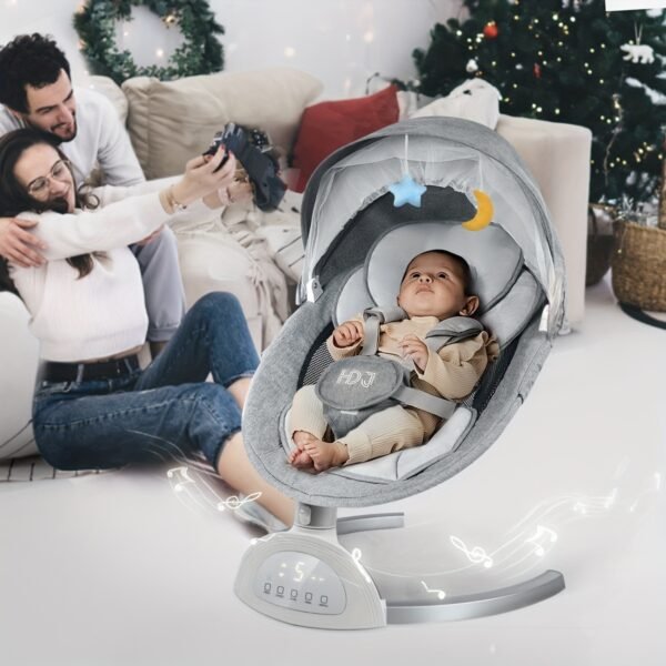 1pc Grey Aluminum Alloy Baby Swing Chair with Speaker, 5-Point Harness, 5 Speeds, Remote Control - Portable Indoor/Outdoor Infant Swing, Easy Assembly - Ideal for Halloween & Christmas Gifts - Image 2