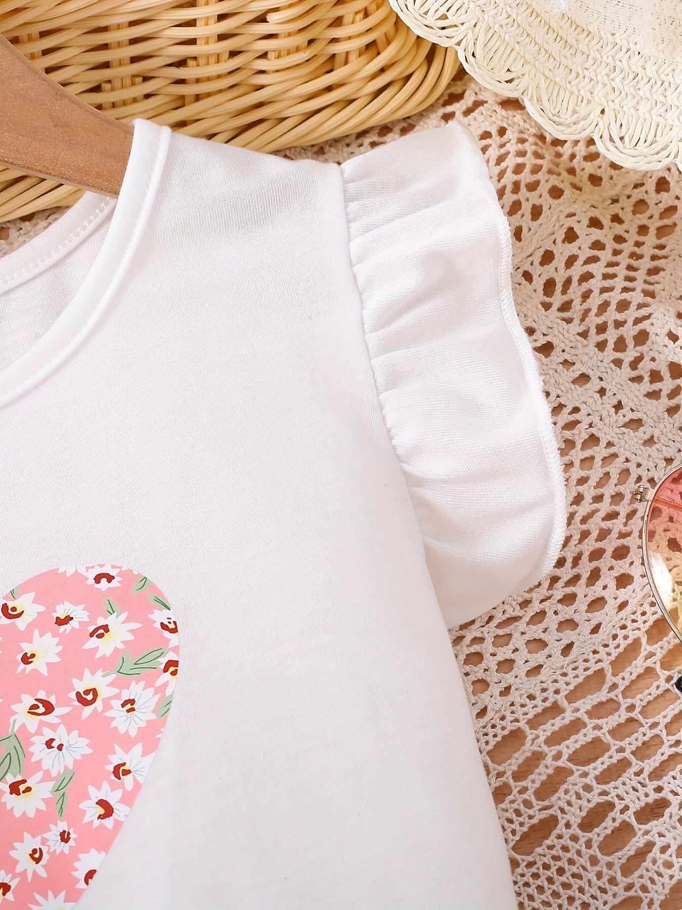 2pcs Toddler Girls Floral Heart Graphic Ruffle Trim T-Shirts Top & Belted Skirt Set Kids Summer Clothes - Image 4