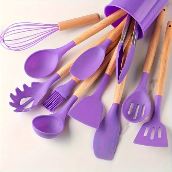 12-Piece Premium Non-Stick Silicone Kitchen Utensil Set with Ergonomic Wooden Handles - Durable, Heat-Resistant, Easy to Clean, and Safe for Cooking and Baking - Ideal for Back to School, Dorm Essentials, and Home Cooking Enthusiasts - Image 13