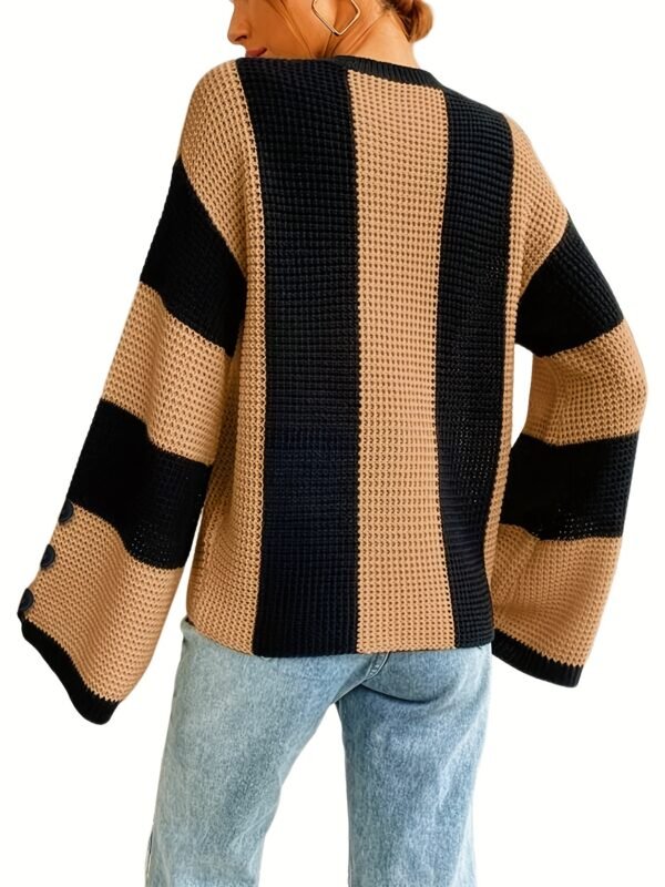 Casual Crew Neck Striped Pullover Sweater - Flare Sleeve Knitted Top for Women - Image 2