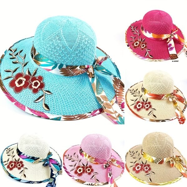 1pc Satin Print Streamer Decorative Sun Hat Personalized Flower Embroidered Wide Brim Hat Summer Stylish Sunshade Beach Hats For Women - Image 2