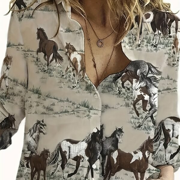 Vibrant Horse Print Long Sleeve Lapel Collar Shirt for Women - Button Front, Casual Polyester Shirt with Random Animal Pattern - Perfect for All Seasons - Image 4