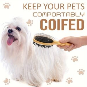 [Lightweight Bamboo Pet Grooming] 1pc Stainless Steel Double-Sided Pet Brush, Comfortable Round Head Comb, Lightweight Bamboo Handle, Quality Build for Dog Grooming and Hair Care
