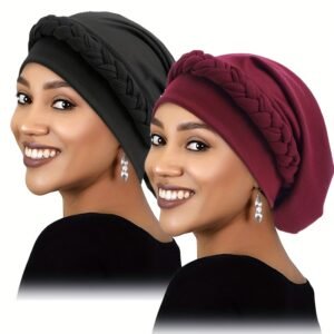 2pcs/set Breathable Braided Turban Hats for Women - Elastic Head Wraps for Ramadan, Chemo, and More - Classic Solid Colors