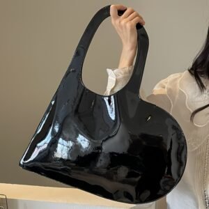 Fashionable Heart-Shaped Glossy PU Shoulder and Tote Bags for Women, Versatile for Travel, Shopping, and Everyday Use, Solid Color with Polyester Lining, Secure Buckle Closure