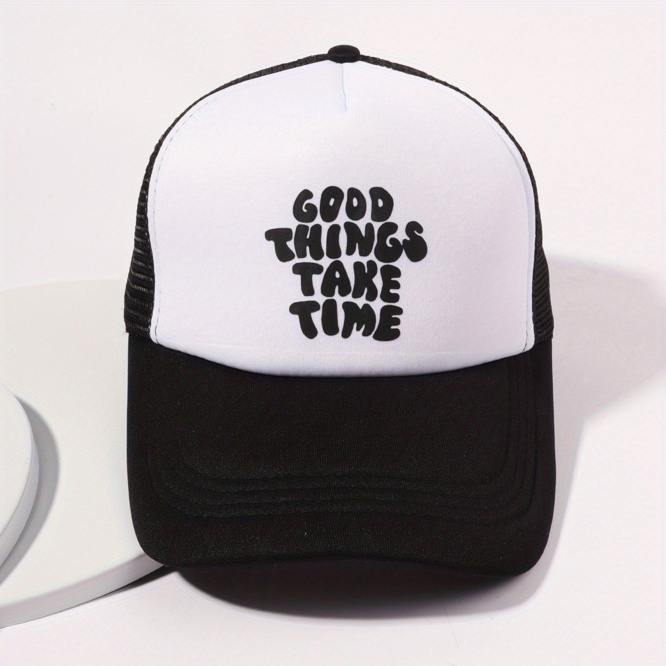 Printed Mesh Trucker Hat Good Things Take Time Color Block Baseball Cap Unisex Simple Breathable Dad Hats For Women Men - Image 5