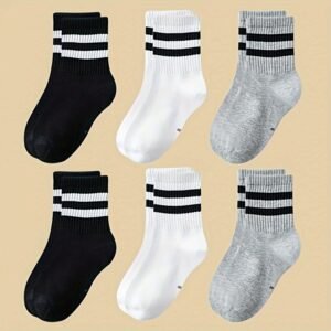 [Machine Washable] 6-Pair Striped Kids Socks | 6-Pack | 95% Polyester 5% Spandex | Machine Washable | Ankle Socks | For Boys and Girls, All Seasons | Striped | Knitted Stretchy