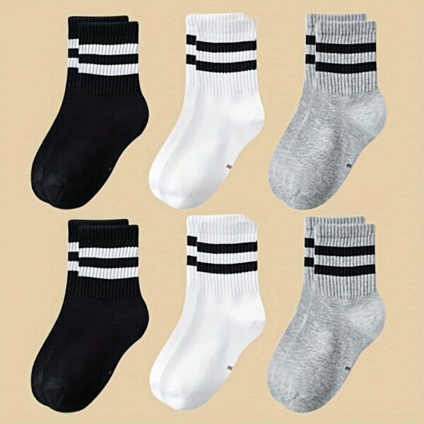 [Machine Washable] 6-Pair Striped Kids Socks | 6-Pack | 95% Polyester 5% Spandex | Machine Washable | Ankle Socks | For Boys and Girls, All Seasons | Striped | Knitted Stretchy