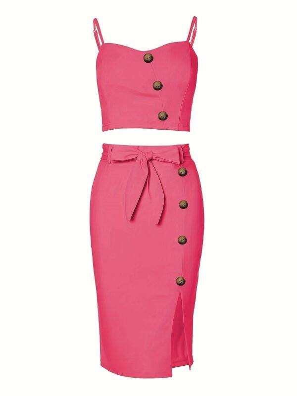 Y2K Button Slim Two-piece Skirt Set, Crop Cami Top & Split Skirt Outfits, Women's Clothing - Image 8