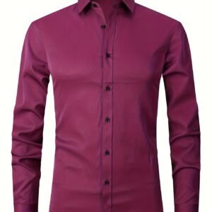 Men'S Slim-Fit Stretch Formal Shirt, Light Business Lapel Long Sleeve Shirt, Men'S Business Shirt Wrinkle-Resistant and Durable Solid Color Formal Long Sleeve Shirt with Buttons and Pockets Suitable for Work, Commuting, Dating