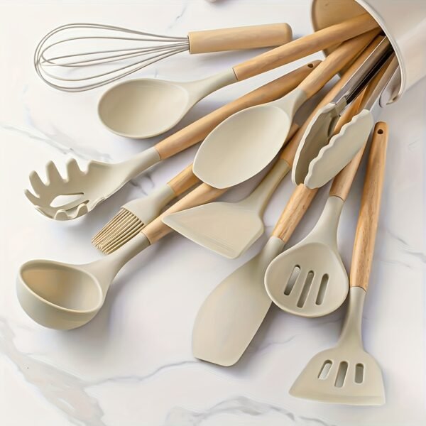 12-Piece Premium Non-Stick Silicone Kitchen Utensil Set with Ergonomic Wooden Handles - Durable, Heat-Resistant, Easy to Clean, and Safe for Cooking and Baking - Ideal for Back to School, Dorm Essentials, and Home Cooking Enthusiasts - Image 3