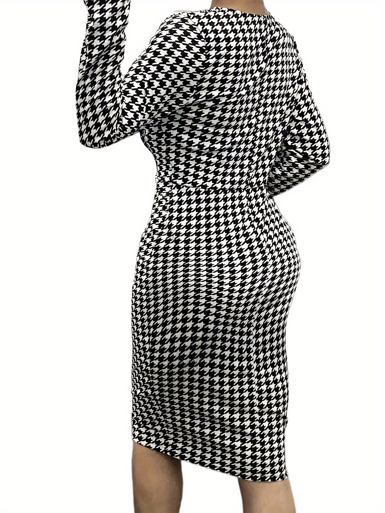 Stunning Plus Size Houndstooth Print Bodycon Dress - Plus Size Dresses - Long Sleeve, V Neck, Elegant, Women's Formal Wear for Special Occasions - High-Quality Fabric, Comfortable Fit, Classic Design - Image 4