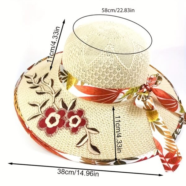 1pc Satin Print Streamer Decorative Sun Hat Personalized Flower Embroidered Wide Brim Hat Summer Stylish Sunshade Beach Hats For Women - Image 5