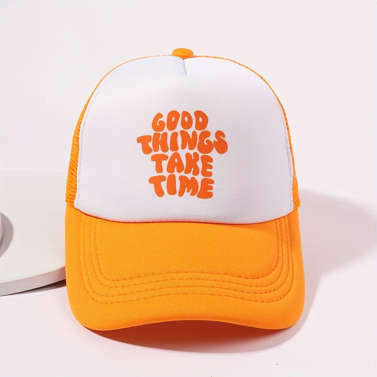 Printed Mesh Trucker Hat Good Things Take Time Color Block Baseball Cap Unisex Simple Breathable Dad Hats For Women Men