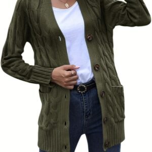 Cozy Cable Knit Cardigan - Chic Button-Up Design - Warm Long Sleeve Top for Women, Perfect for Fall & Winter