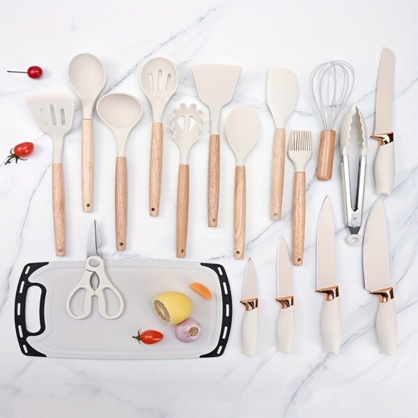 Premium 19-Piece White Silicone Kitchen Utensil Set - Non-Stick, Heat Resistant, Wooden Handle, Including Spatulas, Egg Beaters, & More - Durable, Easy Clean, Ergonomic Design for Hassle-Free Cooking - Image 2