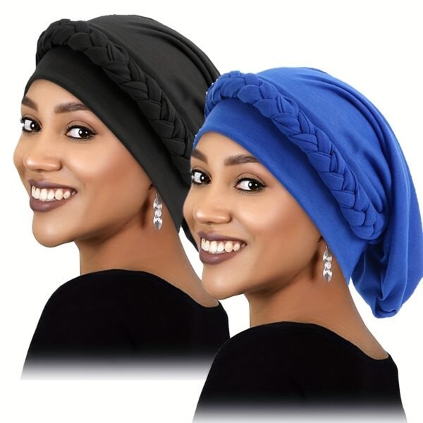 2pcs/set Breathable Braided Turban Hats for Women - Elastic Head Wraps for Ramadan, Chemo, and More - Classic Solid Colors - Image 9