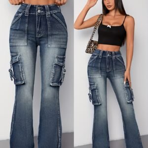 Stylish High-Waisted Cotton Blend Jeans - Women Jeans - Four-Season Stretchy Water Washable Geometric Pattern Casual Work Pants with Comfortable Fit and Versatile Style for Daily Wear