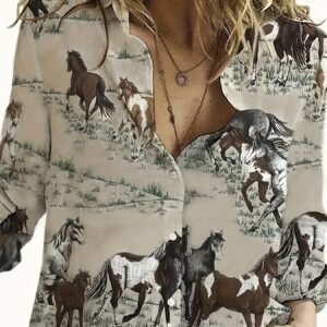 Vibrant Horse Print Long Sleeve Lapel Collar Shirt for Women - Button Front, Casual Polyester Shirt with Random Animal Pattern - Perfect for All Seasons