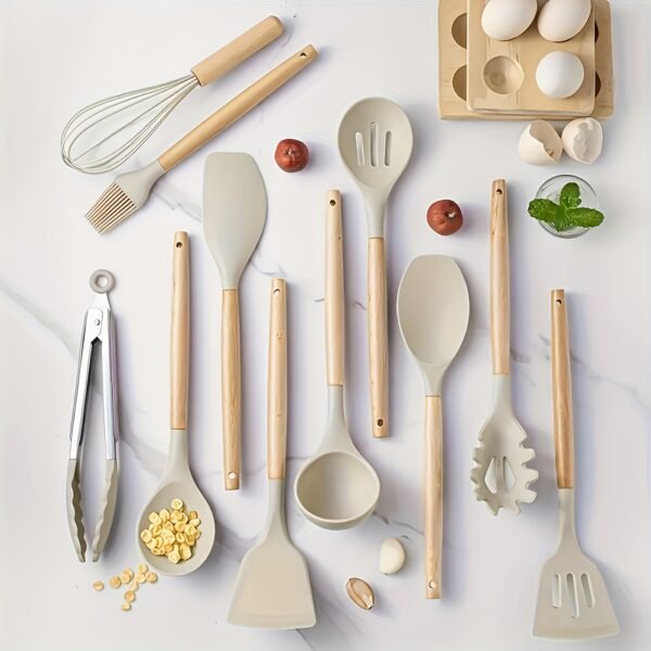 12-Piece Premium Non-Stick Silicone Kitchen Utensil Set with Ergonomic Wooden Handles - Durable, Heat-Resistant, Easy to Clean, and Safe for Cooking and Baking - Ideal for Back to School, Dorm Essentials, and Home Cooking Enthusiasts - Image 8