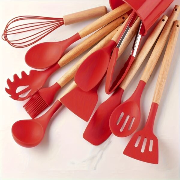 12-Piece Premium Non-Stick Silicone Kitchen Utensil Set with Ergonomic Wooden Handles - Durable, Heat-Resistant, Easy to Clean, and Safe for Cooking and Baking - Ideal for Back to School, Dorm Essentials, and Home Cooking Enthusiasts - Image 14