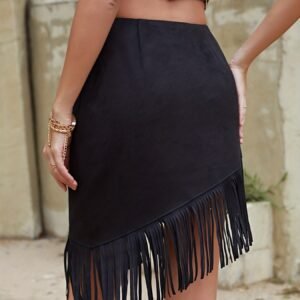 Women's Casual Solid Tassel Asymmetrical Hem Skirt, Slim Fit, Stylish Fashion Clothing
