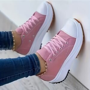 Chunky Thick Sole Women's Canvas Non Slip Lace Up Casual Sneakers, Running Sports Shoes
