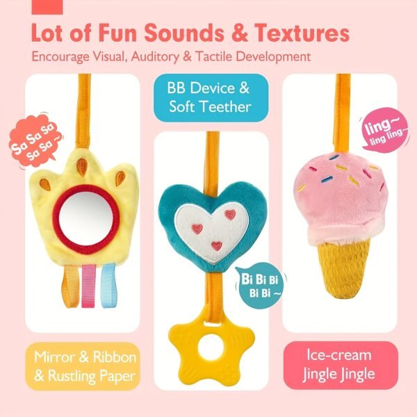 Car Seat Toys For Babies 0-6 Months Girl - Baby Toys 3-6 Months - Rattle, Mirror, Crinkle, Squeaky Carseat Stroller Toys 0-6 Months Developmental Newborn Baby Girl Gifts - Image 4