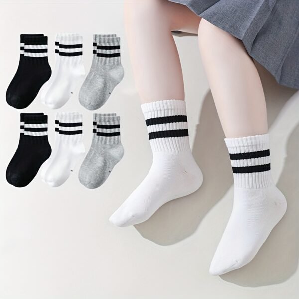 [Machine Washable] 6-Pair Striped Kids Socks | 6-Pack | 95% Polyester 5% Spandex | Machine Washable | Ankle Socks | For Boys and Girls, All Seasons | Striped | Knitted Stretchy - Image 2