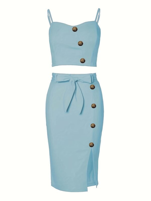 Y2K Button Slim Two-piece Skirt Set, Crop Cami Top & Split Skirt Outfits, Women's Clothing - Image 10