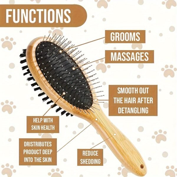 [Lightweight Bamboo Pet Grooming] 1pc Stainless Steel Double-Sided Pet Brush, Comfortable Round Head Comb, Lightweight Bamboo Handle, Quality Build for Dog Grooming and Hair Care - Image 4