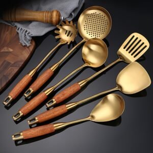 6pcs Luxury Golden Stainless Steel Kitchen Utensil Set - Includes Spatula, Ladle, Slotted Turner & More - Perfect for Cooking, Baking & Serving - Ideal Gift for Holidays