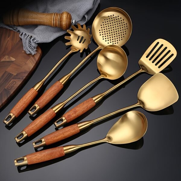 6pcs Luxury Golden Stainless Steel Kitchen Utensil Set - Includes Spatula, Ladle, Slotted Turner & More - Perfect for Cooking, Baking & Serving - Ideal Gift for Holidays