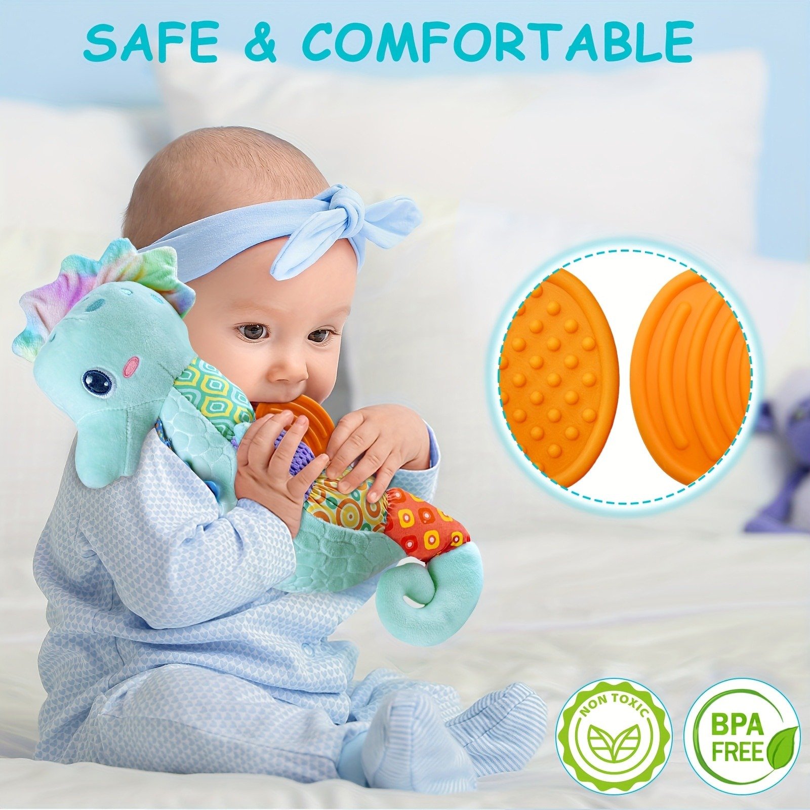 Baby Toys 0-6 Months, Infant Musical Stuffed Animals Seahorse Soft Toy With Bright Colors, Crinkle Sound Paper, Multi-Textures & Rattles, Blue, Christmas Gift Halloween Gift Easter Gift Birthday Gift As Halloween, Christmas Gift - Image 5