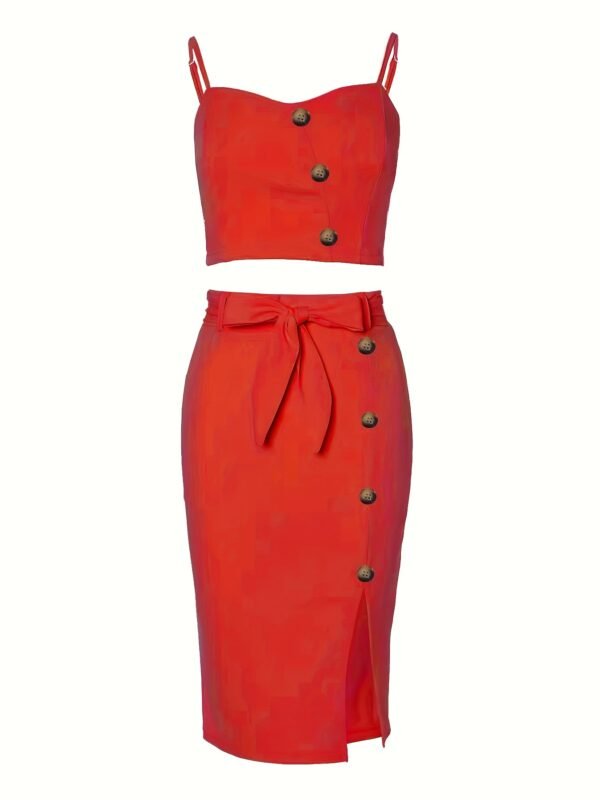 Y2K Button Slim Two-piece Skirt Set, Crop Cami Top & Split Skirt Outfits, Women's Clothing - Image 9