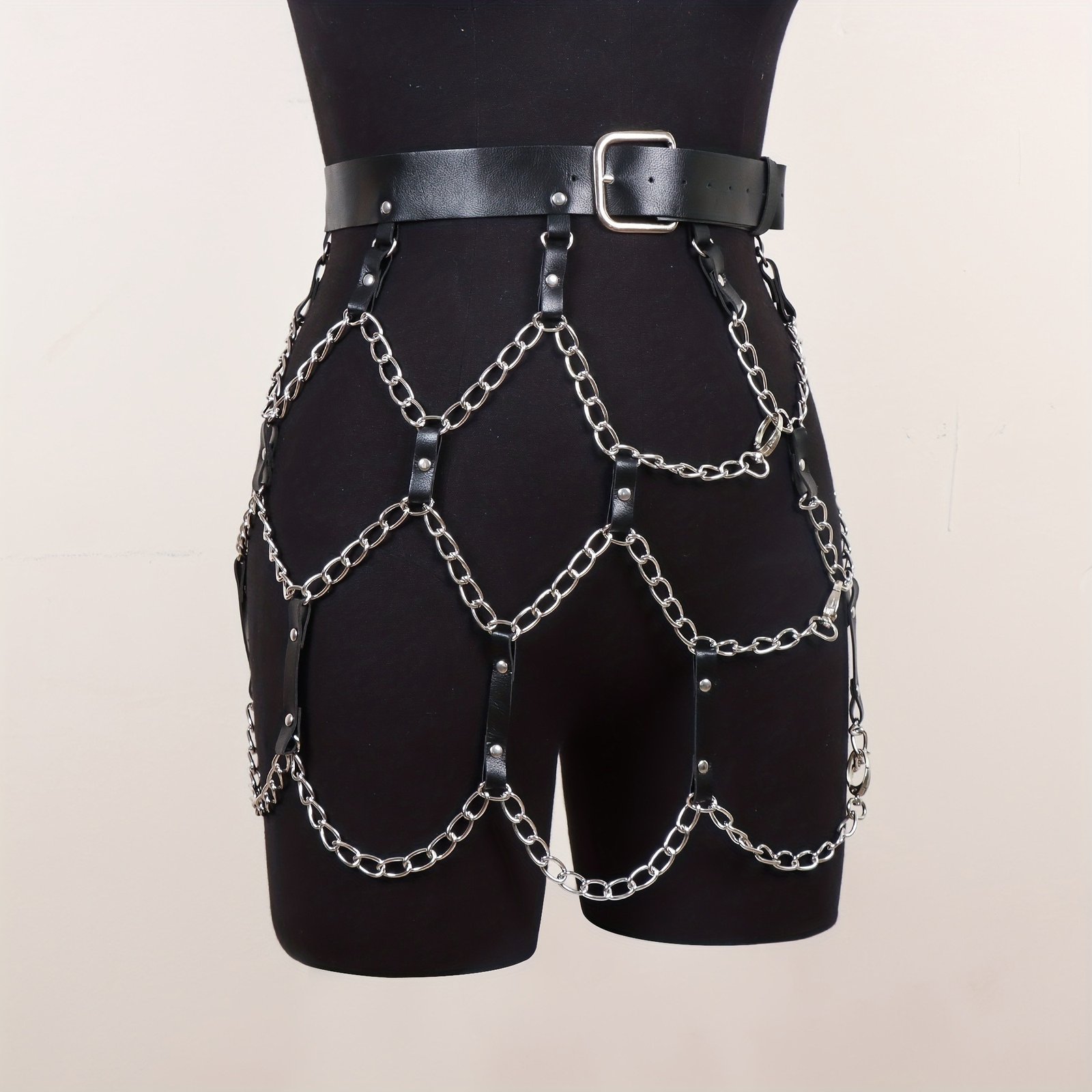 Chain Fringe Skirt Waistband PU Leather Punk Adjustable Waist Belt Club Party Skirt Gothic Hollow Black Rivet Harness - Image 4