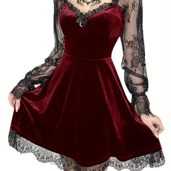 Women Dress, Solid Color Lace Stitching V-Neck Long Flare Sleeve One-Piece for Halloween Party - Image 7