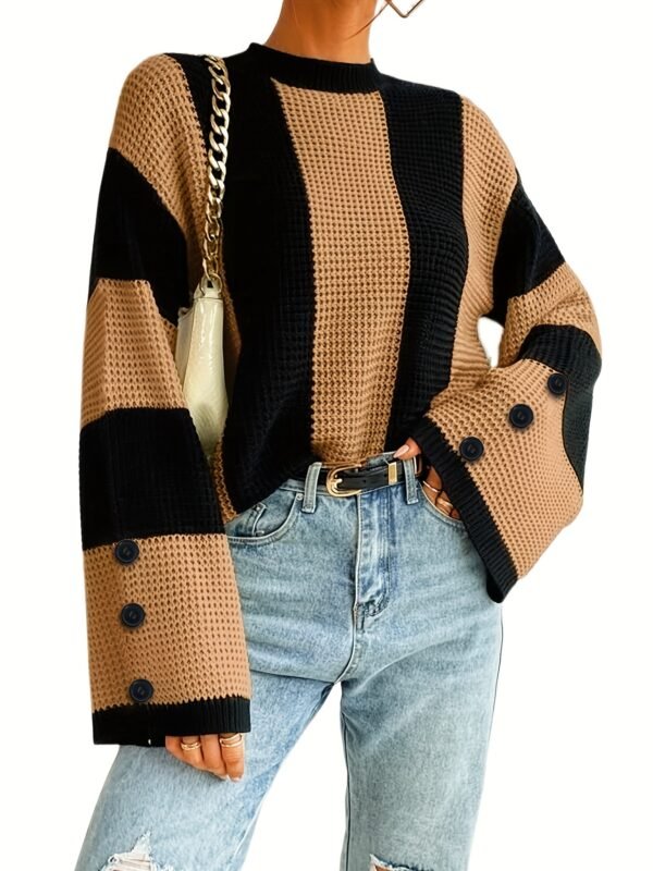 Casual Crew Neck Striped Pullover Sweater - Flare Sleeve Knitted Top for Women